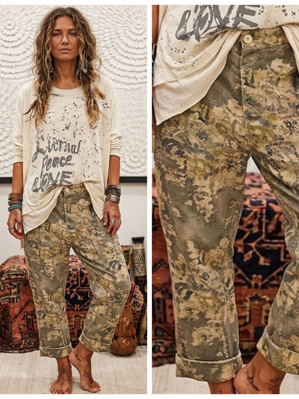Relaxed Cropped Pants in Olive Camo Print